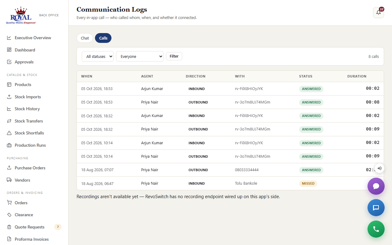 The call log listing calls with their outcome
