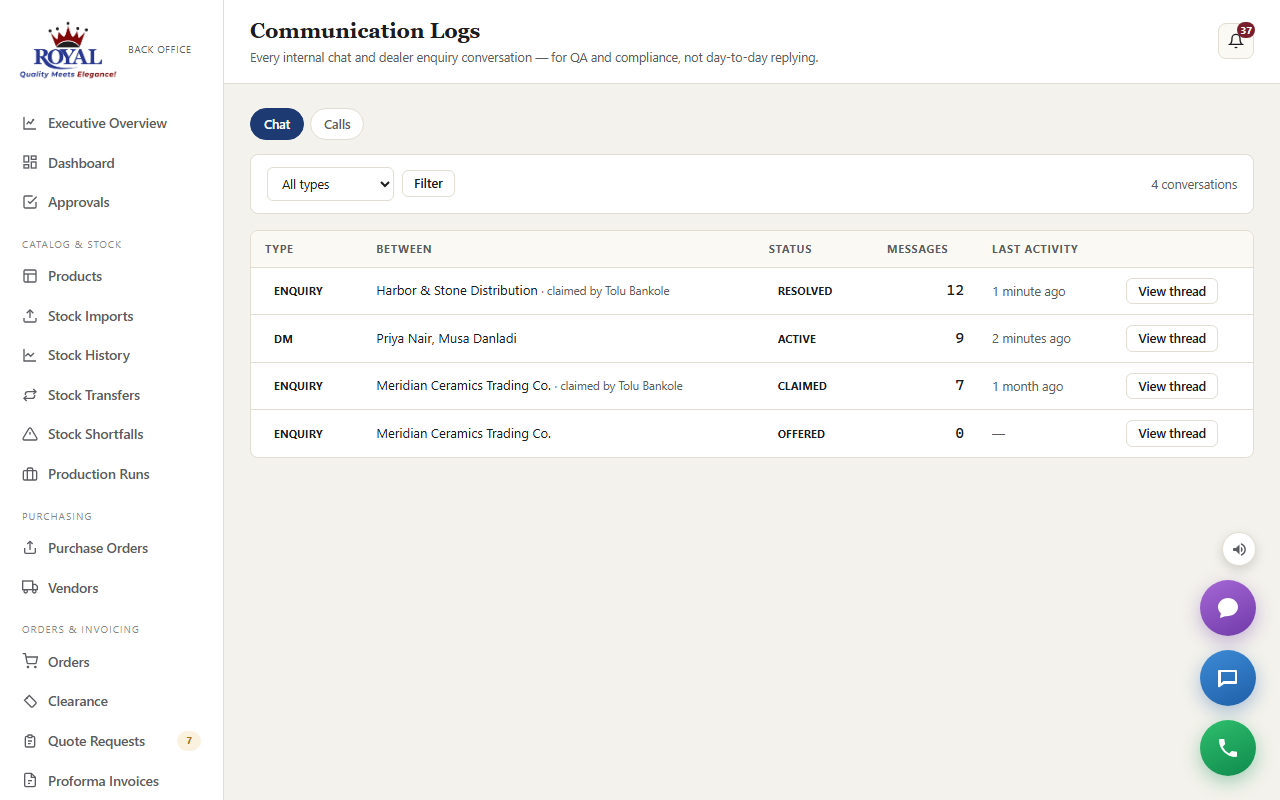 The chat log listing conversations