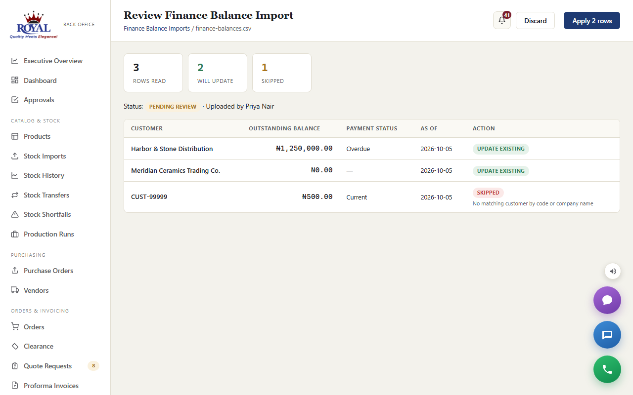 The finance import preview listing matched customers and their new balances, with unmatched rows flagged