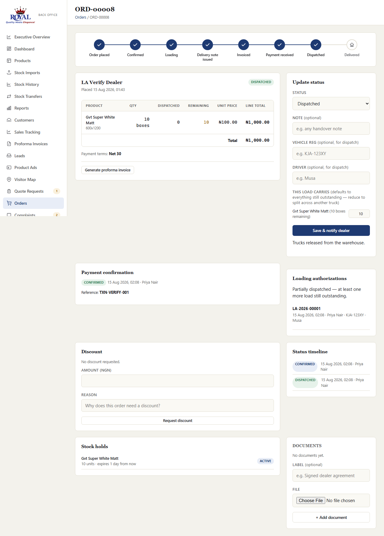 Office order page showing the detailed 8-step progress bar, checked off through Dispatched