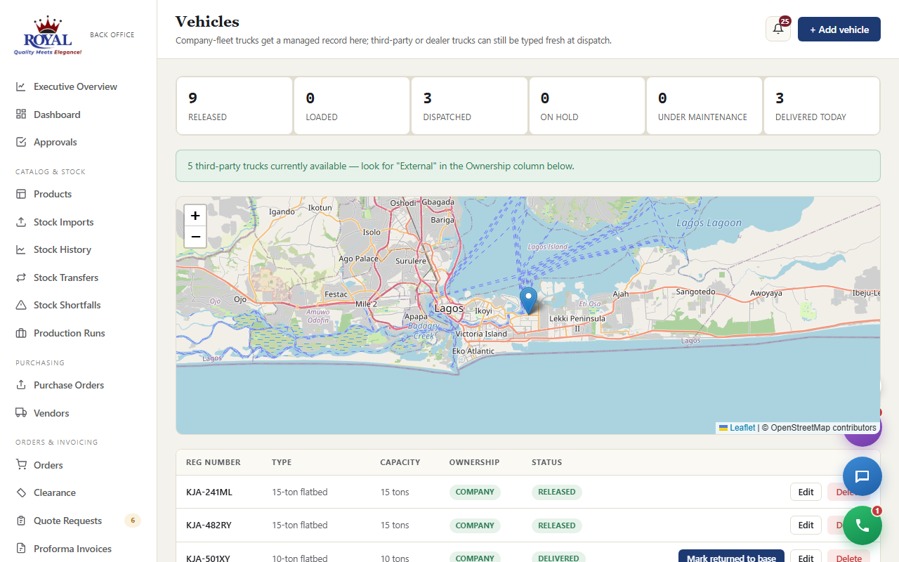 The Vehicles page with fleet status counts, a map showing a truck's live position in Lagos, and the vehicle list