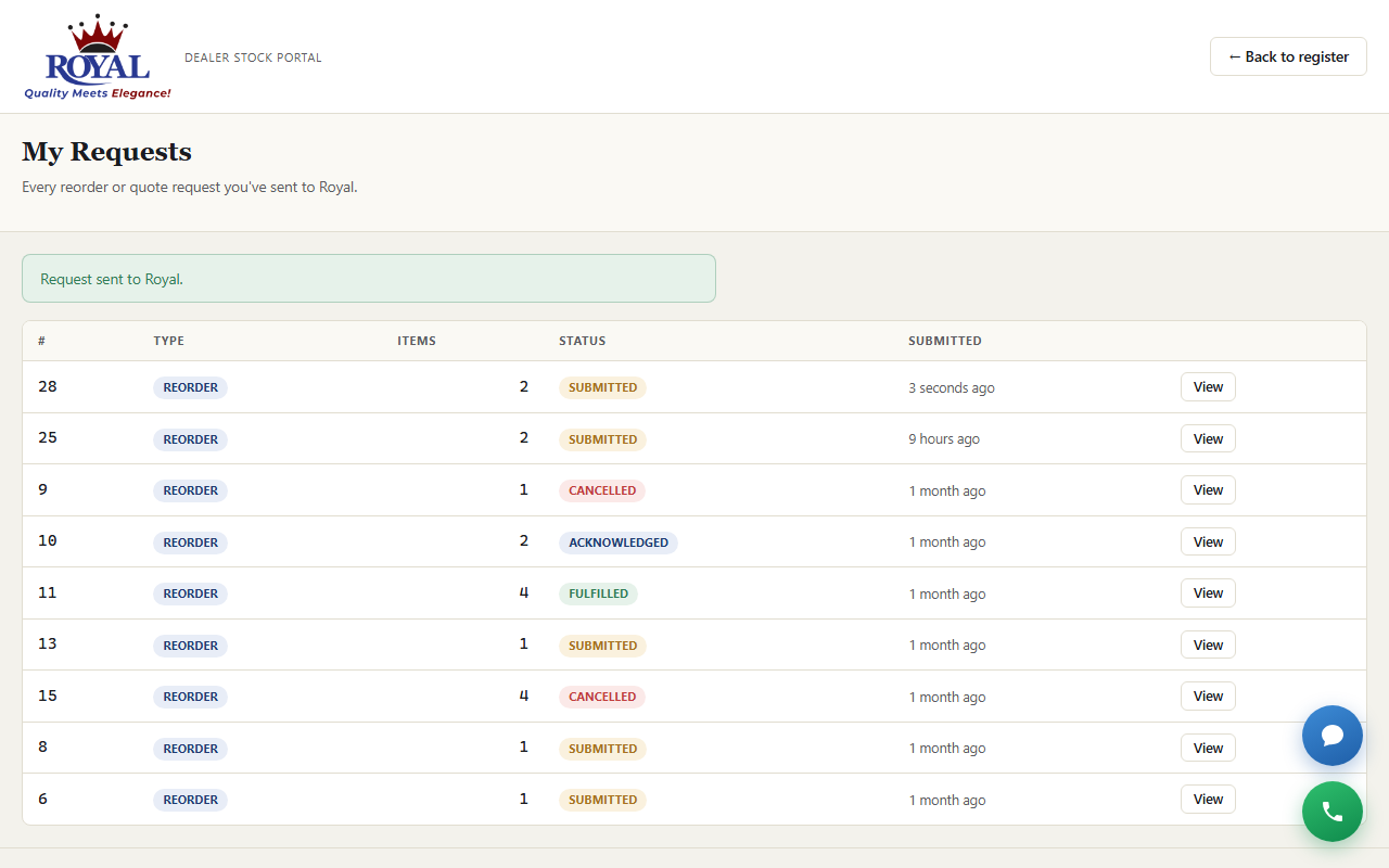 The My Requests page listing a sent request with its status