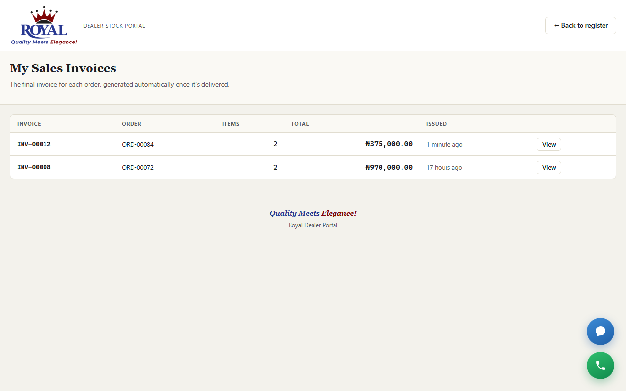 The My Sales Invoices list in the dealer portal