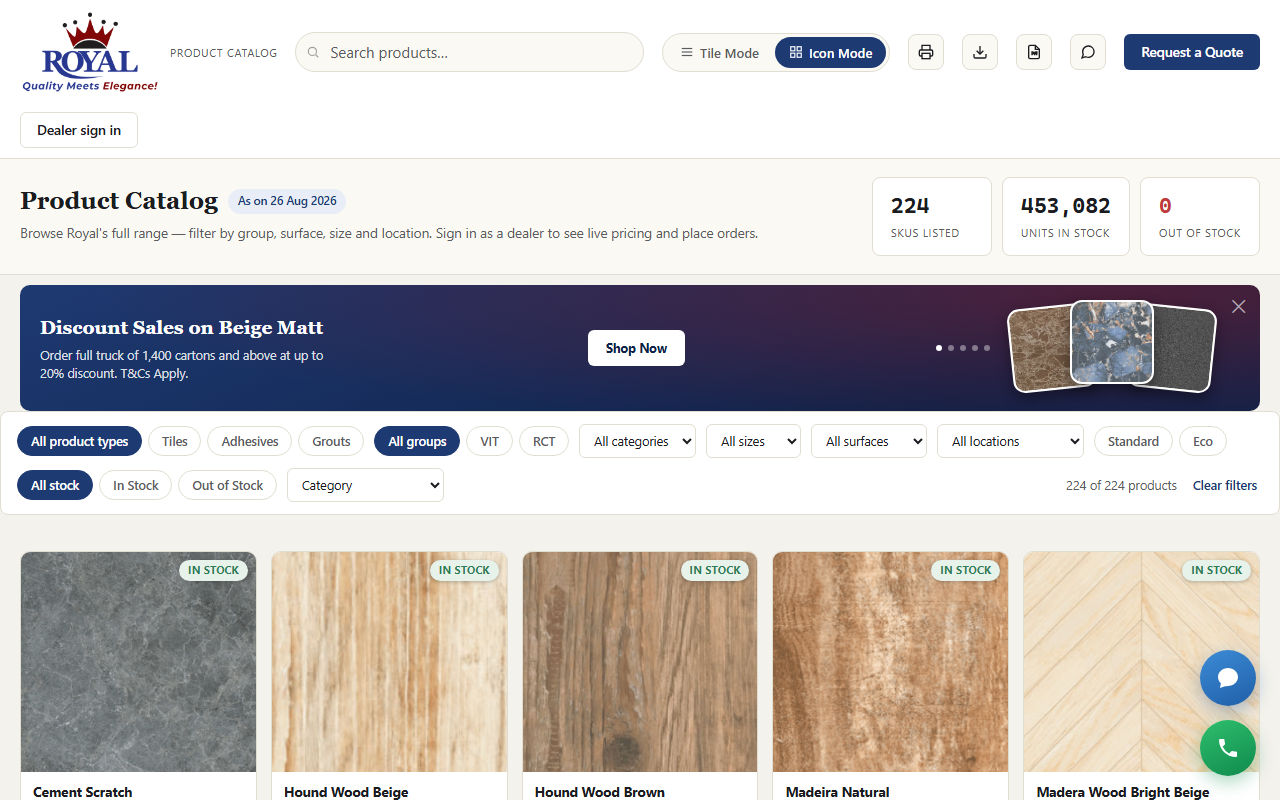 The public catalog showing product photos with search and filters and no prices